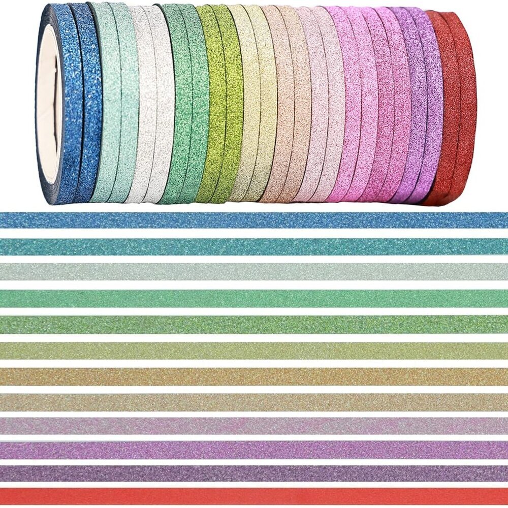 Glitter Washi Tape Set, 24 Rolls, 3mm x 132 Yards, Metallic Foil Sparkle Decorat
